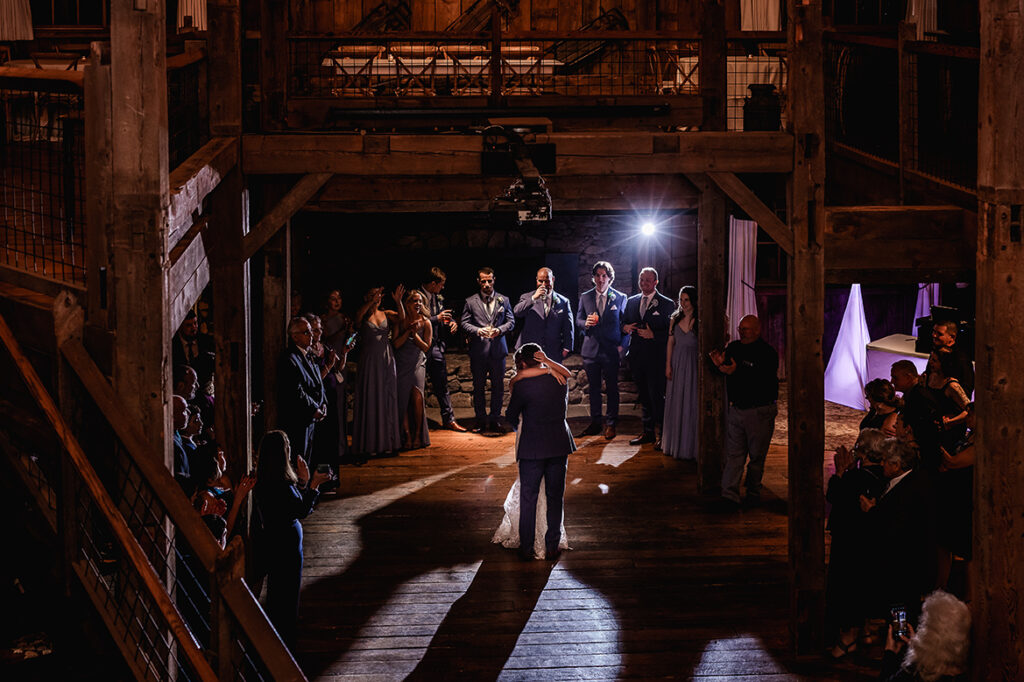 Bride and Grooms first Dance at the barn on the pemi