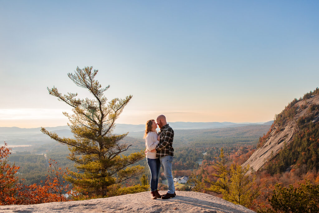 Couple standing on Cathedral Ledge in North Conway NH at Sunrise by Lisa Smith Photography Seabrook couple dancing on the beach by Lisa Smith Photography a New Hampshire elopement photographer