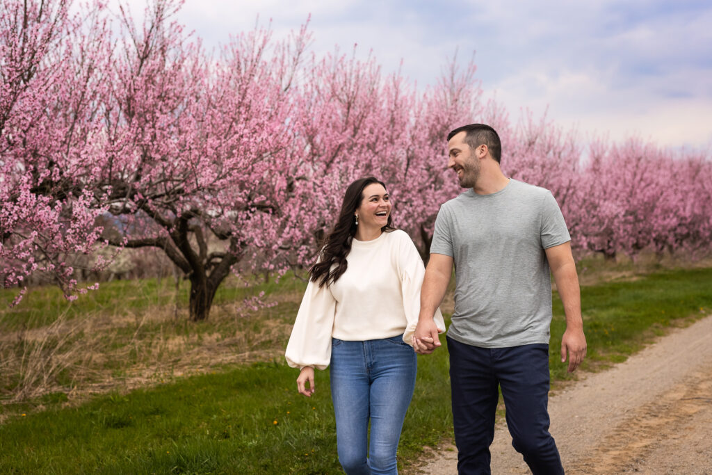 Couple holding hands and walking down dirt road in front of pink apple blossoms by NH wedding photographer Lisa Smith Photography