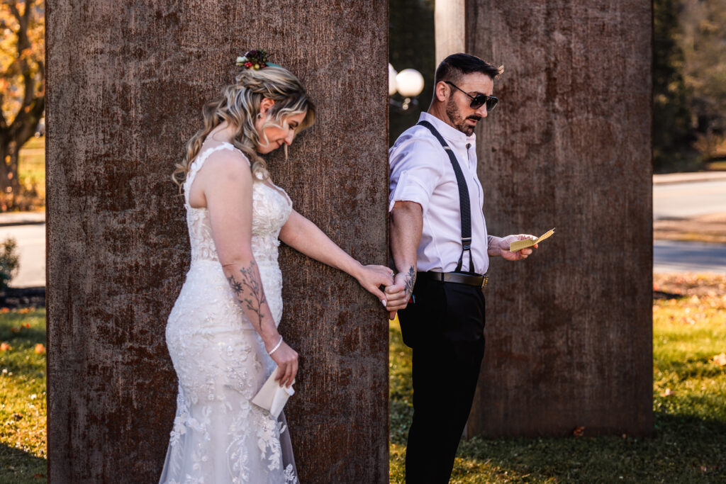 Groom reading letter during first touch at Wentworth Inn wedding by NH Wedding photographer Lisa Smith Photography