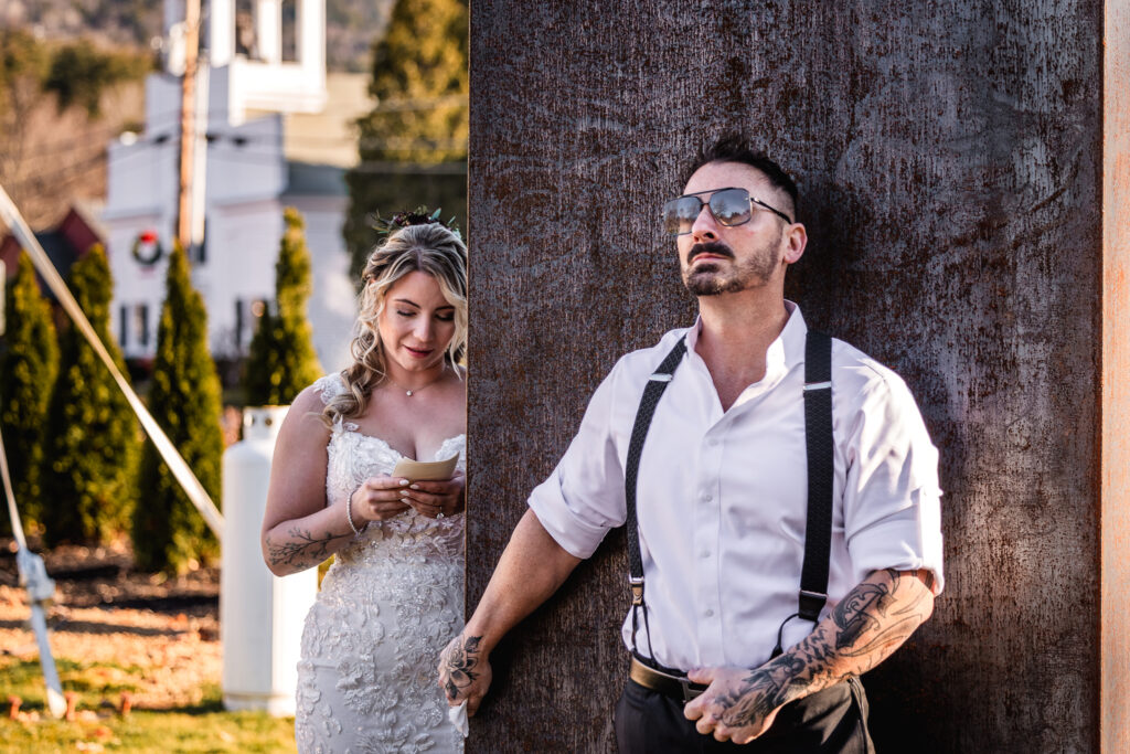 Bride reading letter during first touch at Wentworth Inn wedding by NH Wedding photographer Lisa Smith Photography