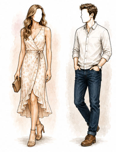 First date outfit ideas for Online Dating Profile Photos with a flowy dress and button-down look that feels polished, confident, and effortless.